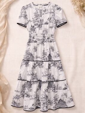 Umgee Black & White Toile Print Maxi Dress Large Contrast Stitch Landscape Scene